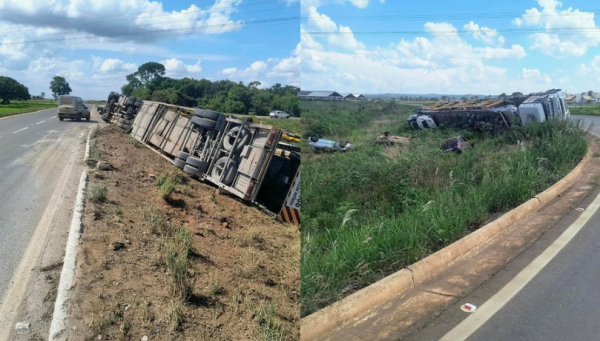 Caminhão-cegonha com 21 veículos tomba na BR-146, em Serra do Salitre